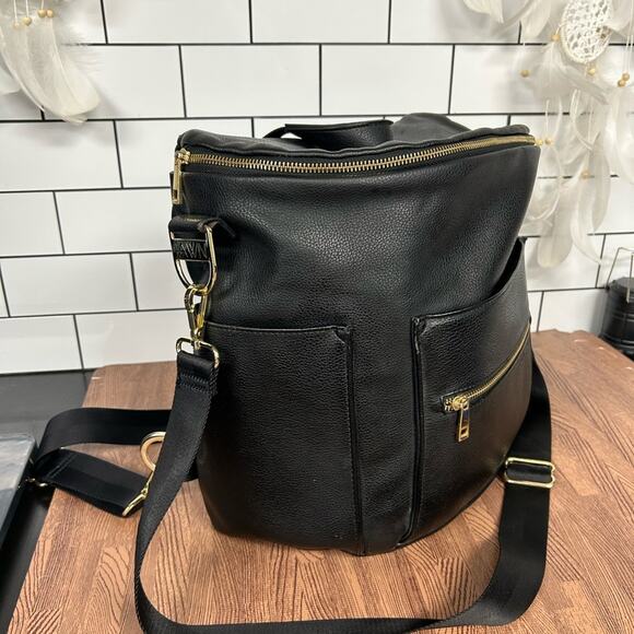 FAWN Design Black Faux Leather Diaper Bag Backpack Crossbody Gold Hardware main image 5
